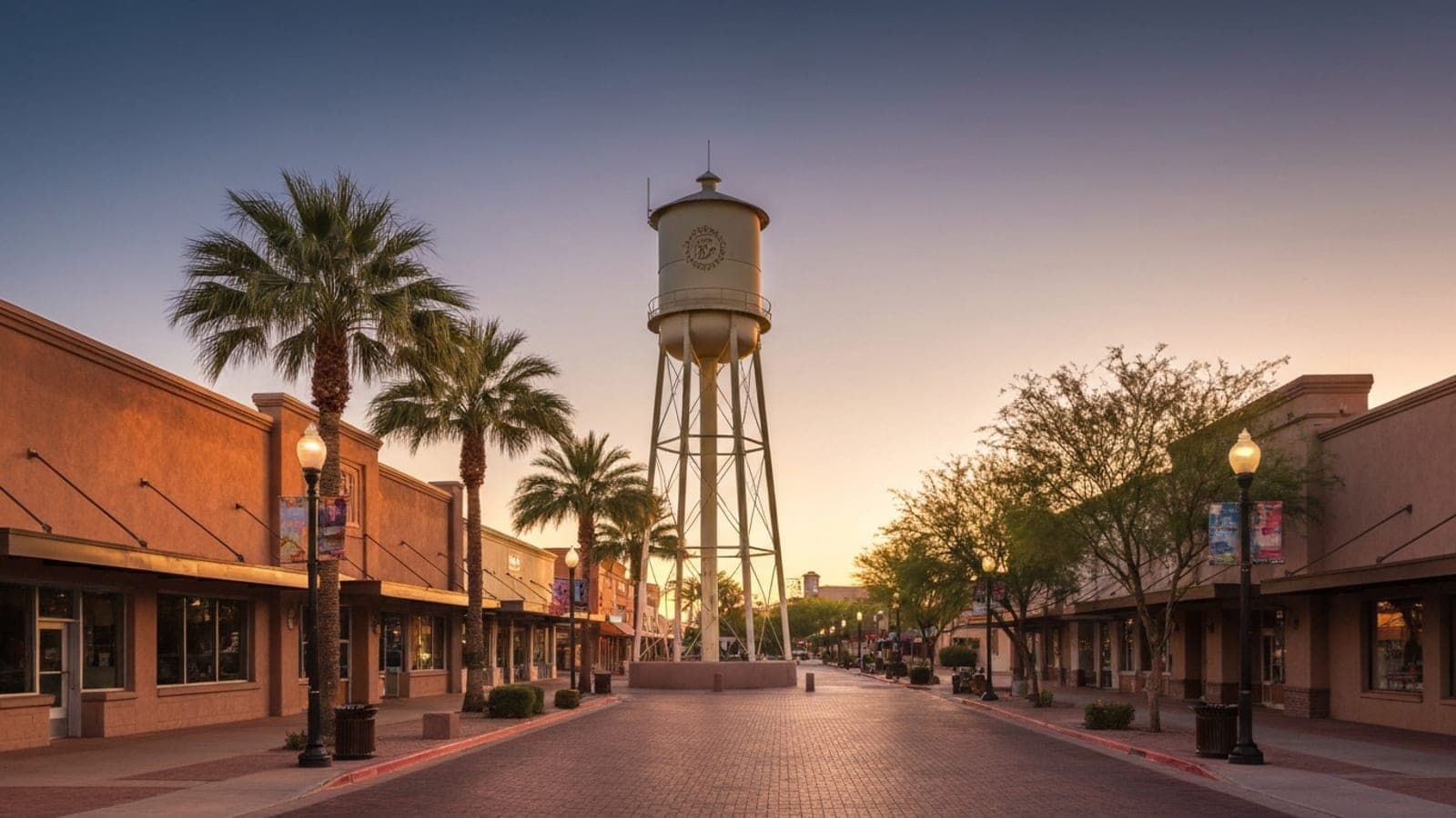 Editorial photograph of the Gilbert Heritage District water tower and downtown at golden hour with a wide brick pedestrian street, single-story heritage commercial buildings, and palm trees.