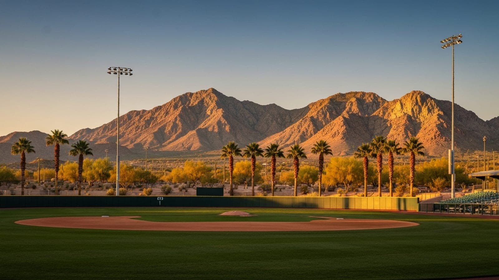 Editorial photograph of a Cactus League spring training baseball complex in Surprise Arizona at golden hour with manicured green outfield grass, palm-tree-lined backstop, and the White Tank Mountains in the background.
