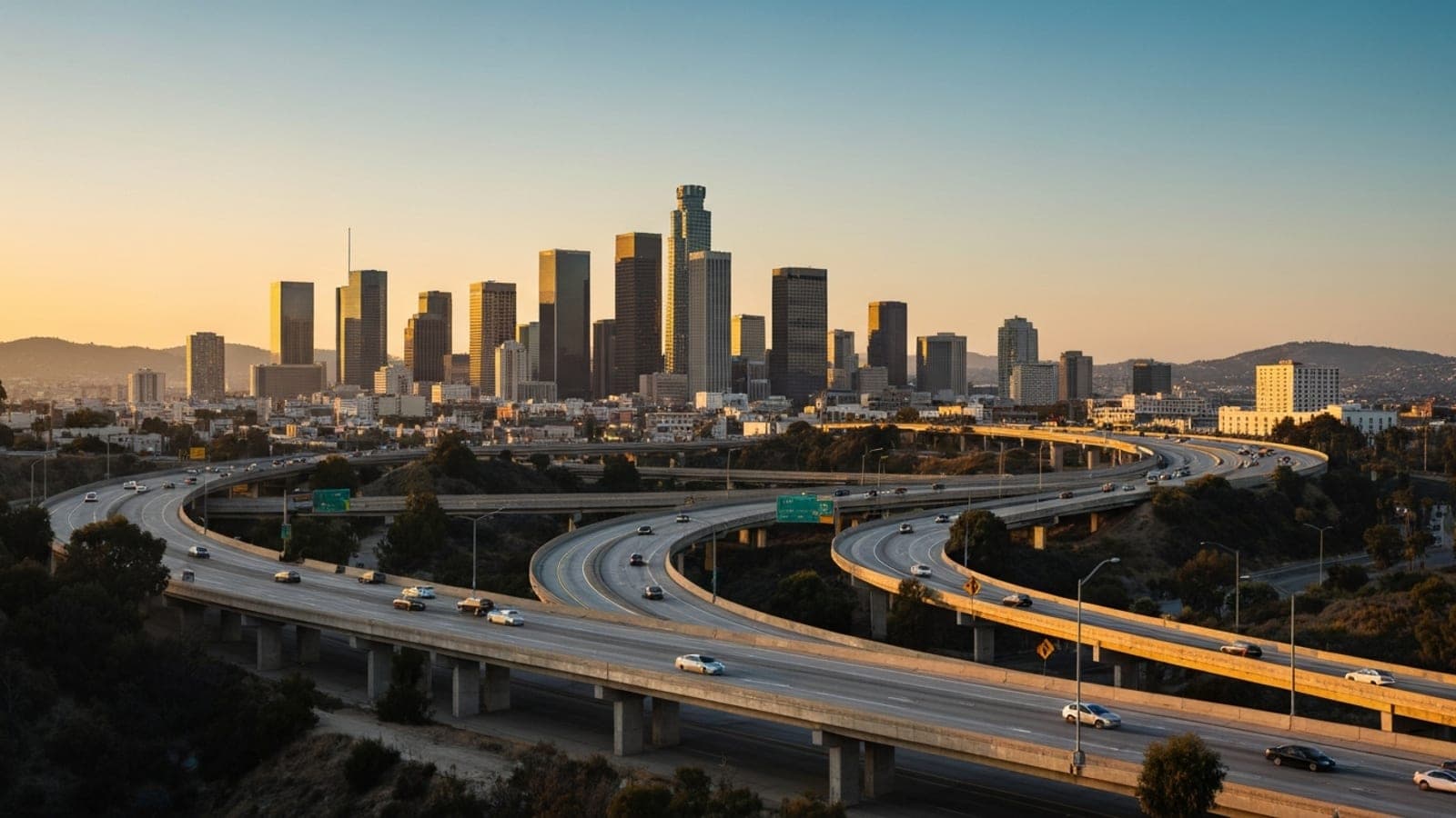 Editorial photograph of the downtown Los Angeles skyline at golden hour with the Hollywood hills in the background, evoking the scale and freeway geography of LA.