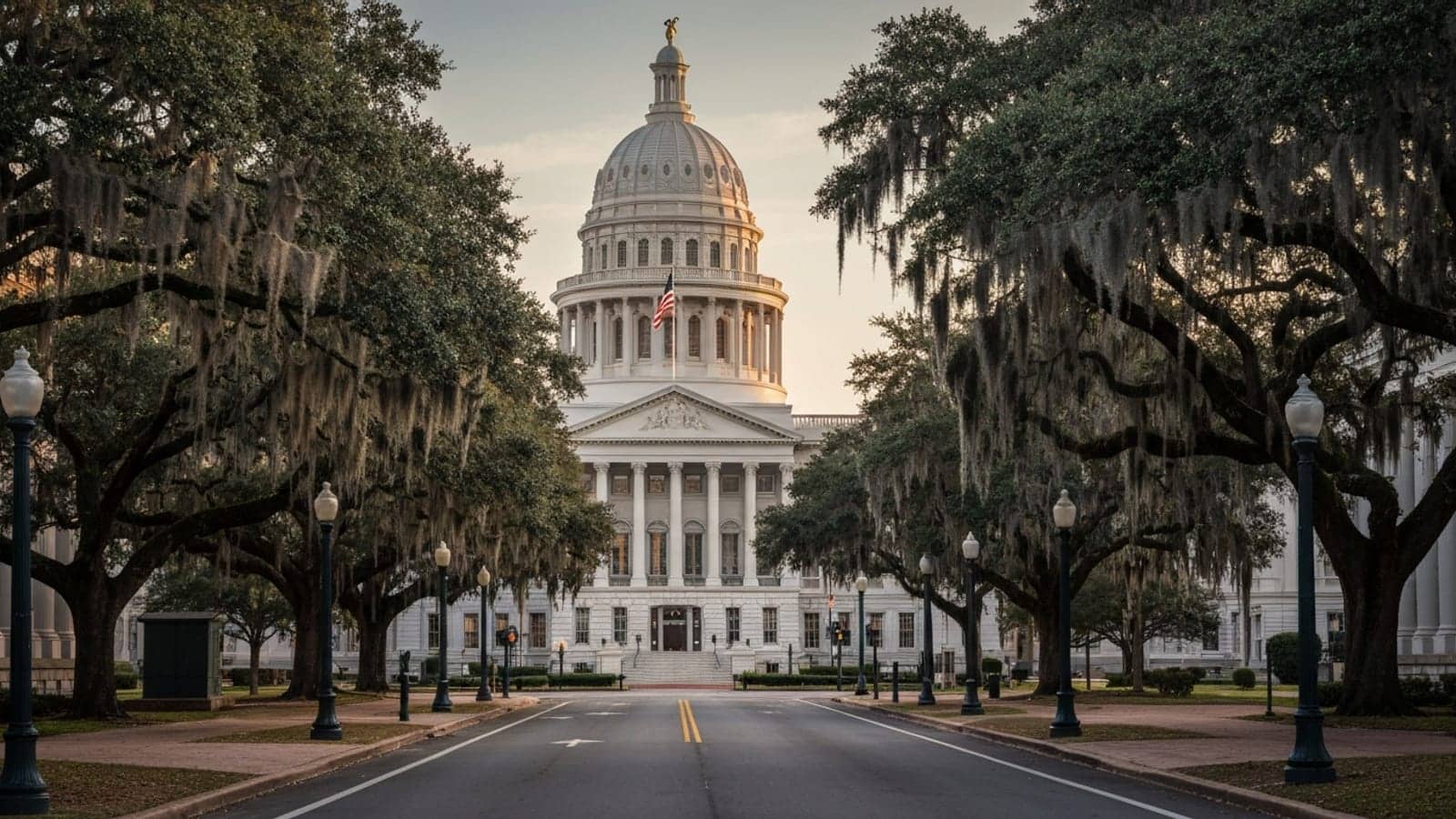 Editorial photograph of the Florida State Capitol building dome in Tallahassee at golden hour with live oak trees draped in Spanish moss flanking the foreground avenue.