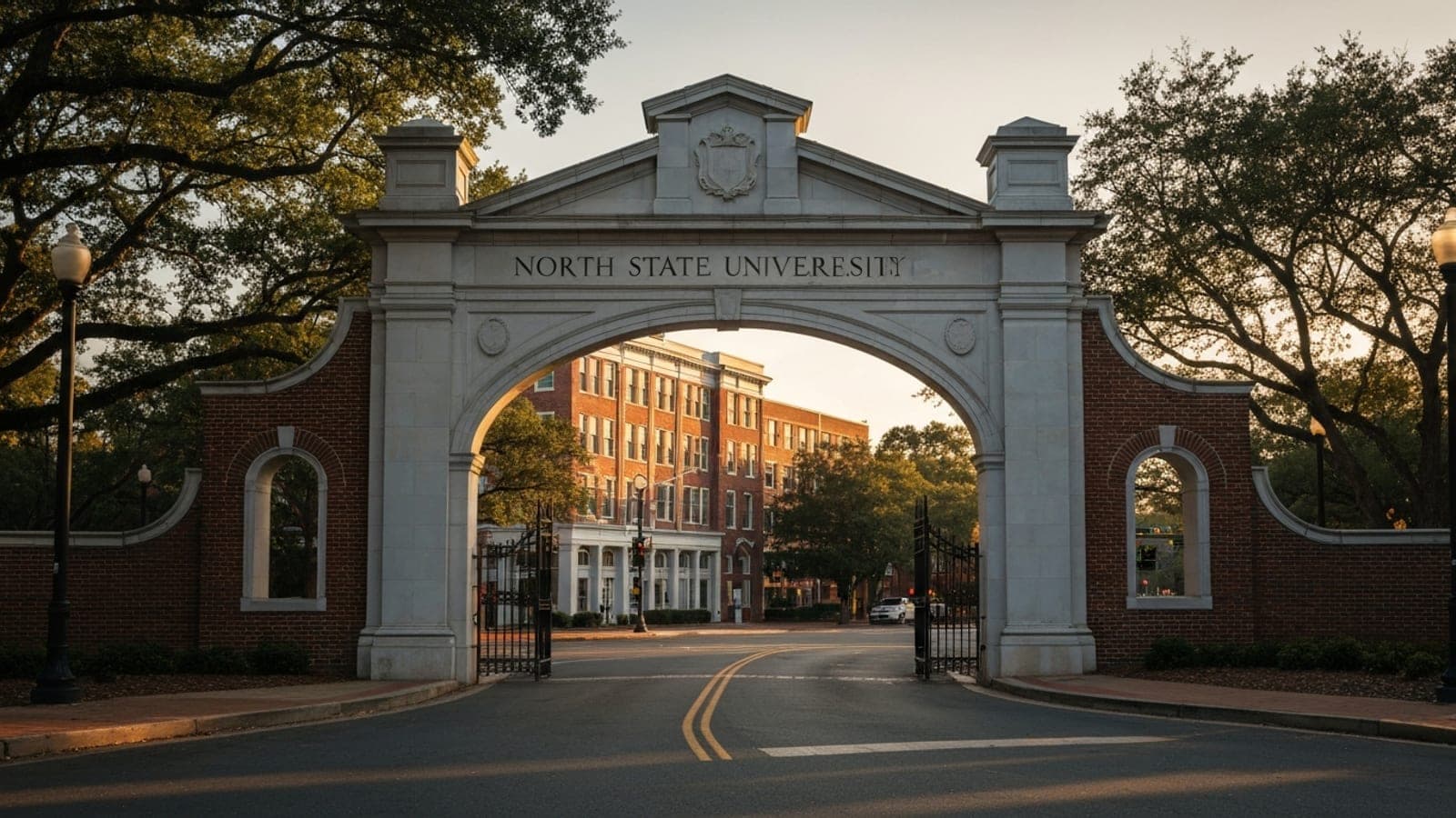 Editorial photograph of the historic North Campus arch entrance to a Georgia state university at golden hour with the brick downtown Athens Georgia buildings of Broad Street visible behind.