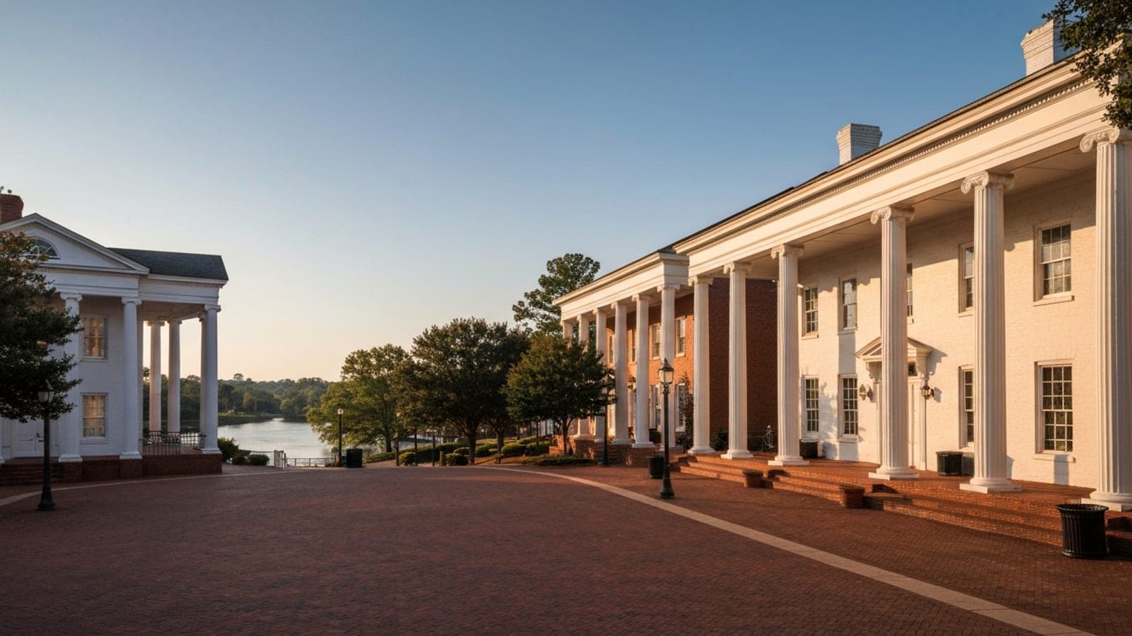 Editorial photograph of the historic Roswell Georgia town square at golden hour with white-columned brick civic buildings and mature shade trees.