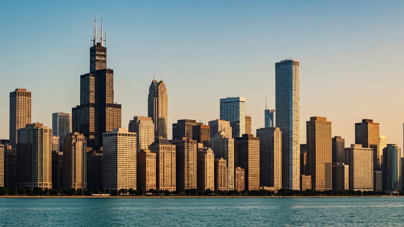 Editorial photograph of the downtown Chicago Loop skyline at golden hour seen across Lake Michigan with the Willis Tower and the Aon Center anchoring the silhouette.