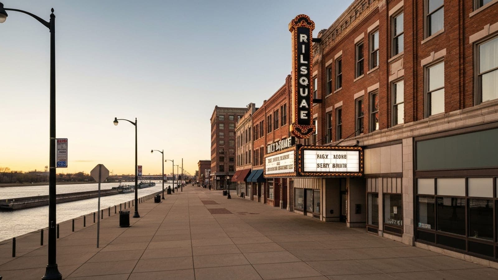 Editorial photograph of the historic Rialto Square Theatre marquee district in downtown Joliet Illinois at golden hour with brick and limestone early-20th-century commercial buildings.
