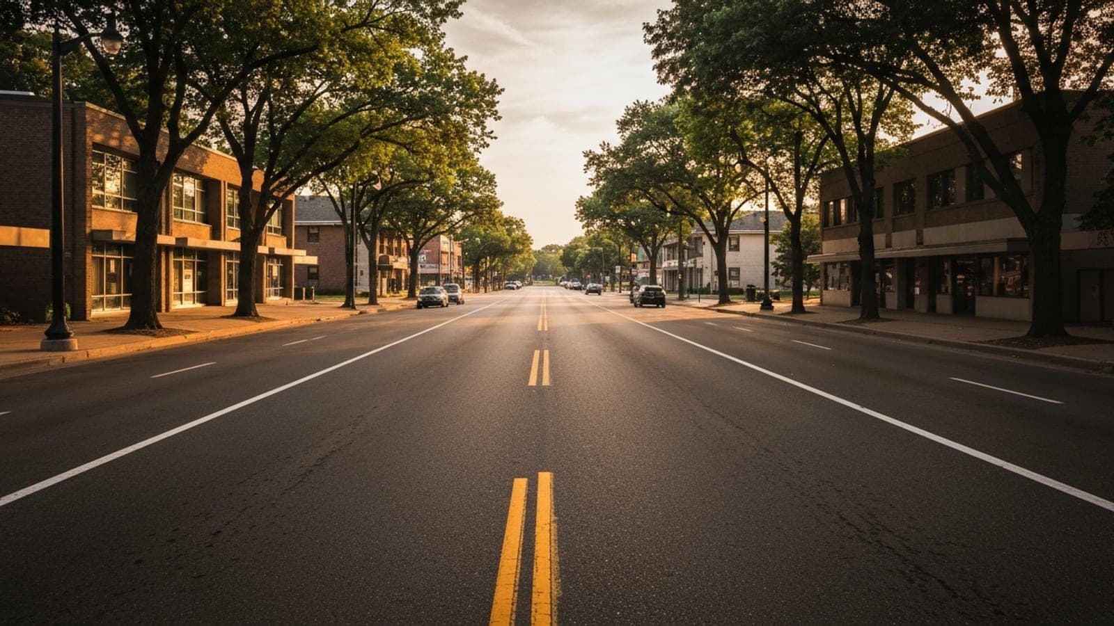 Editorial photograph of a wide tree-lined suburban Wayne County Michigan parkway in Livonia at golden hour with mid-century commercial low-rise buildings and mature shade trees.