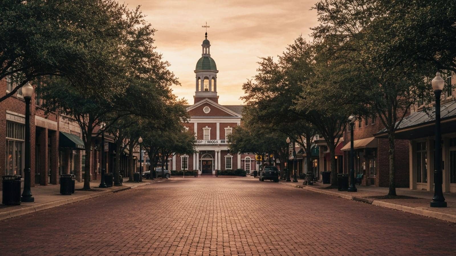 Editorial photograph of downtown Fayetteville North Carolina at golden hour with the historic Market House cupola visible above the brick streetscape of Hay Street.