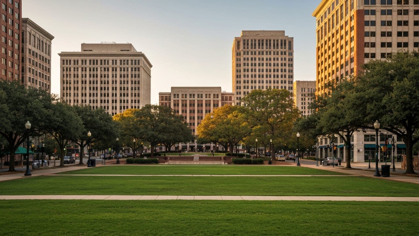 Editorial photograph of downtown Greensboro North Carolina at golden hour with the LeBauer Park urban green space and surrounding mid-rise buildings.