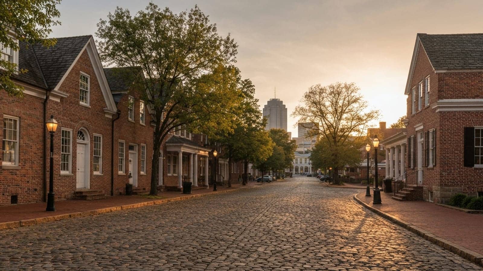Editorial photograph of the historic Old Salem district in Winston-Salem at golden hour with restored 18th-century Moravian brick buildings on a cobblestone street.