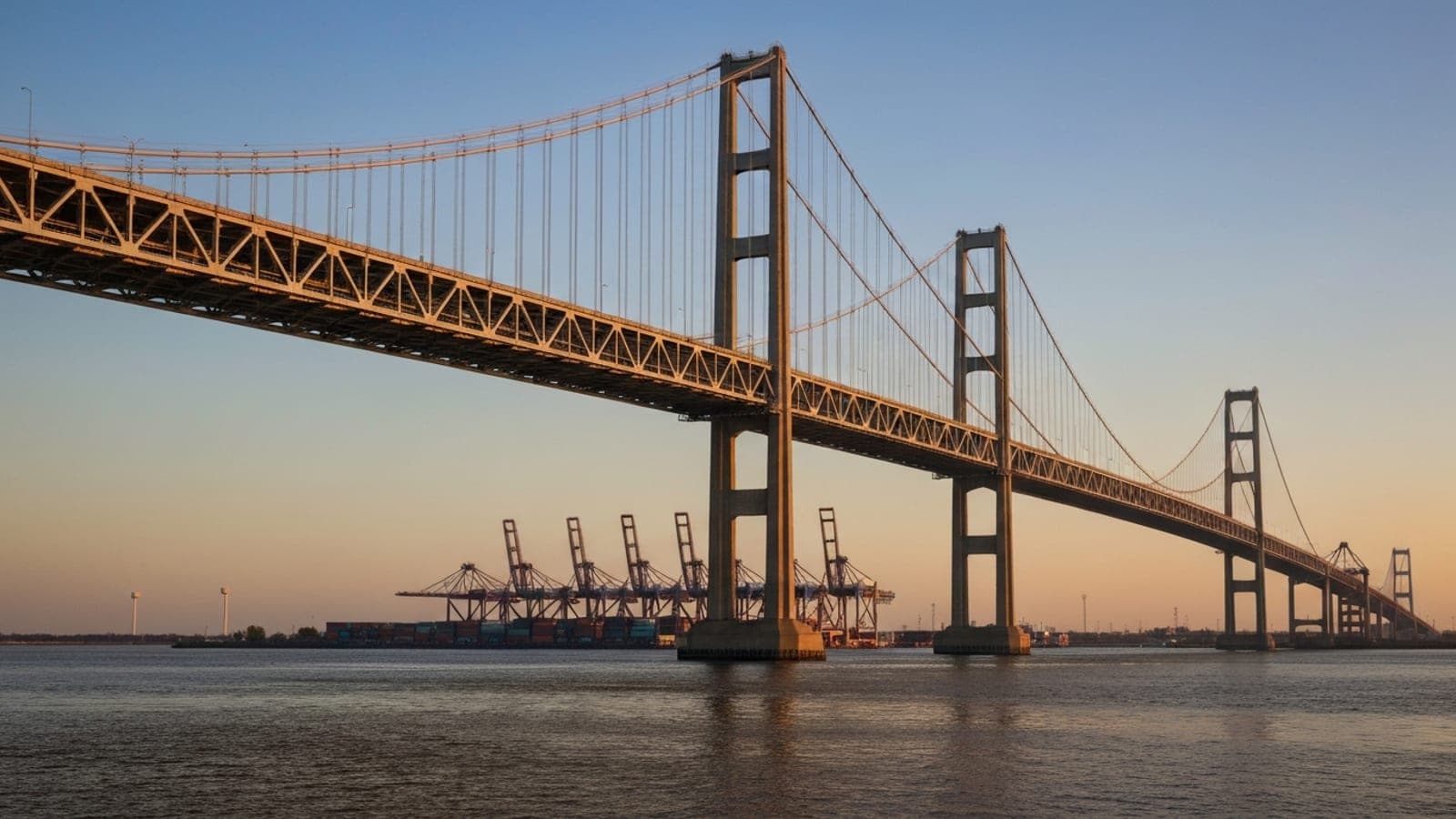 Editorial photograph of the Goethals Bridge cantilever span over the Arthur Kill at golden hour as seen from the Elizabeth New Jersey side with container cranes of Elizabeth Seaport visible in the middle distance.