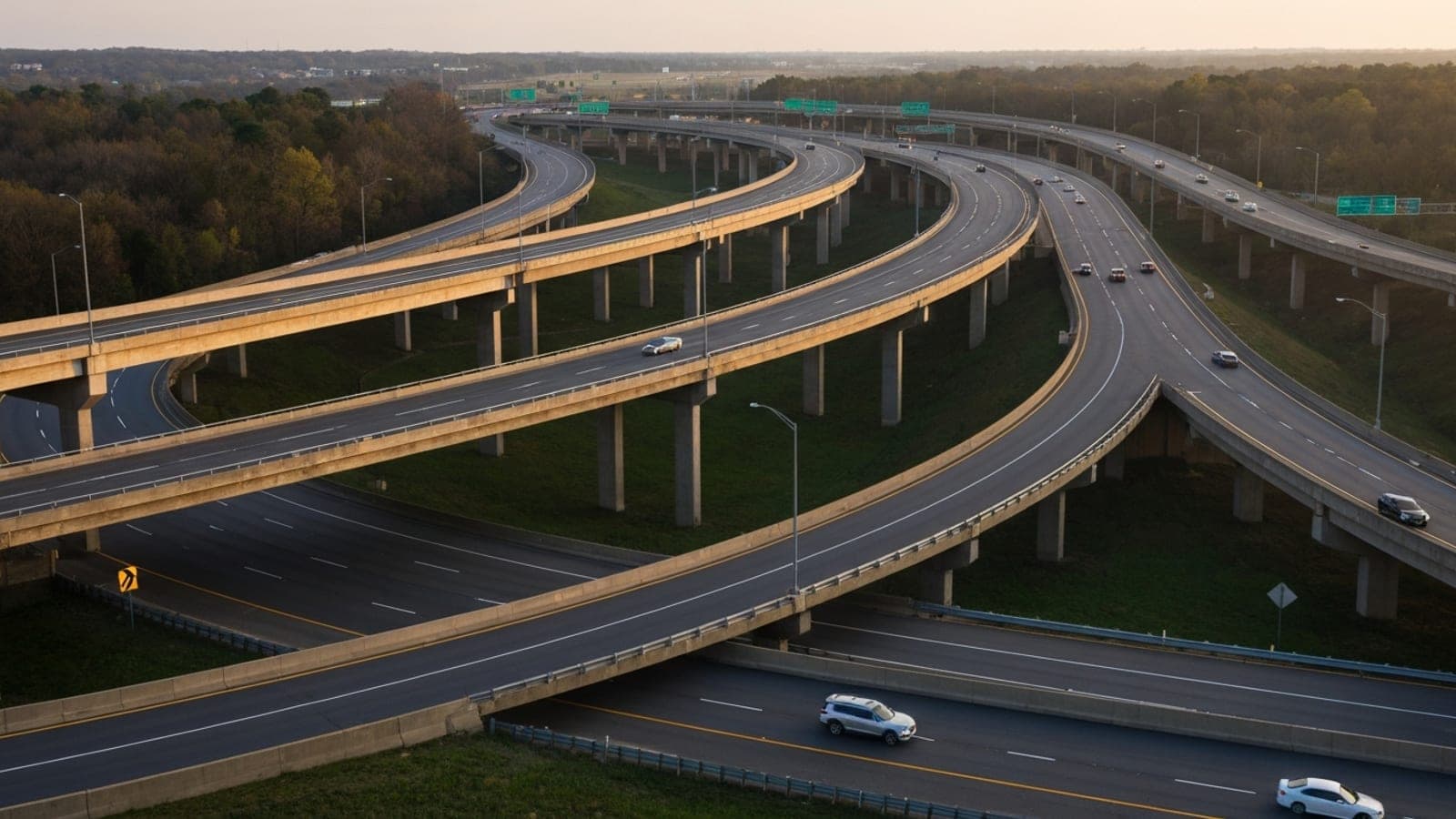 Editorial photograph of the cloverleaf interchange where the Garden State Parkway meets the New Jersey Turnpike near Woodbridge New Jersey at golden hour with multi-level overpasses and curving on-ramps.