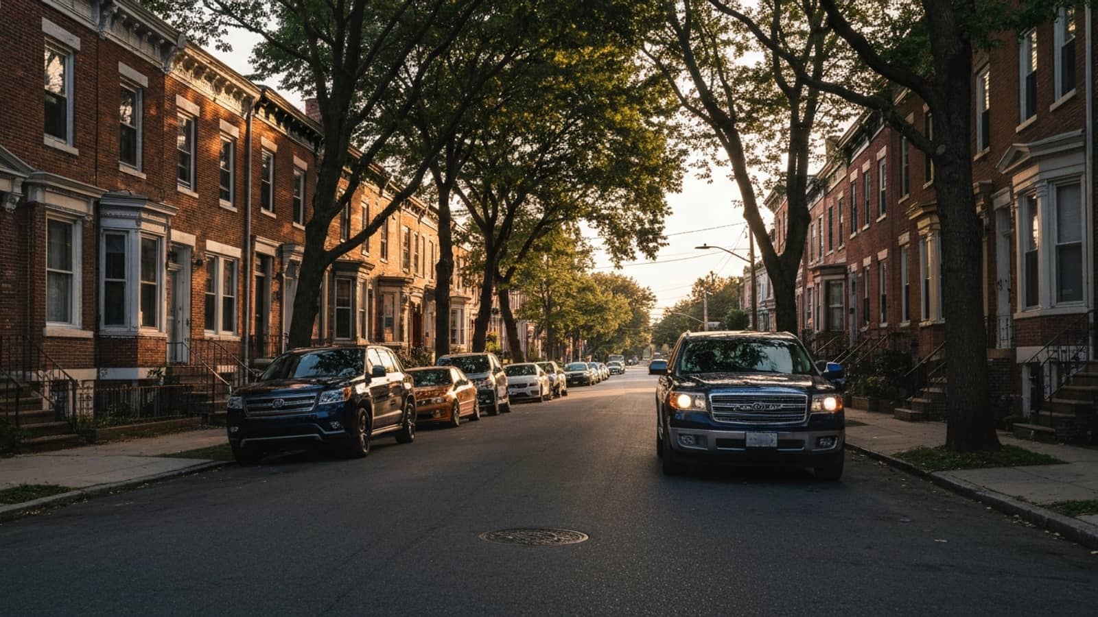 Editorial photograph of a residential street in Mount Vernon at golden hour with century-old brick row houses lining both sides.