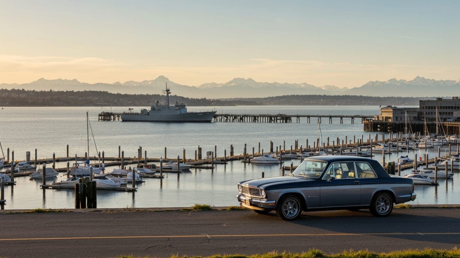 Editorial photograph of the Everett Washington waterfront on Possession Sound at golden hour with the harbor marina and the snow-capped Olympic Mountains visible across Puget Sound in the distance.