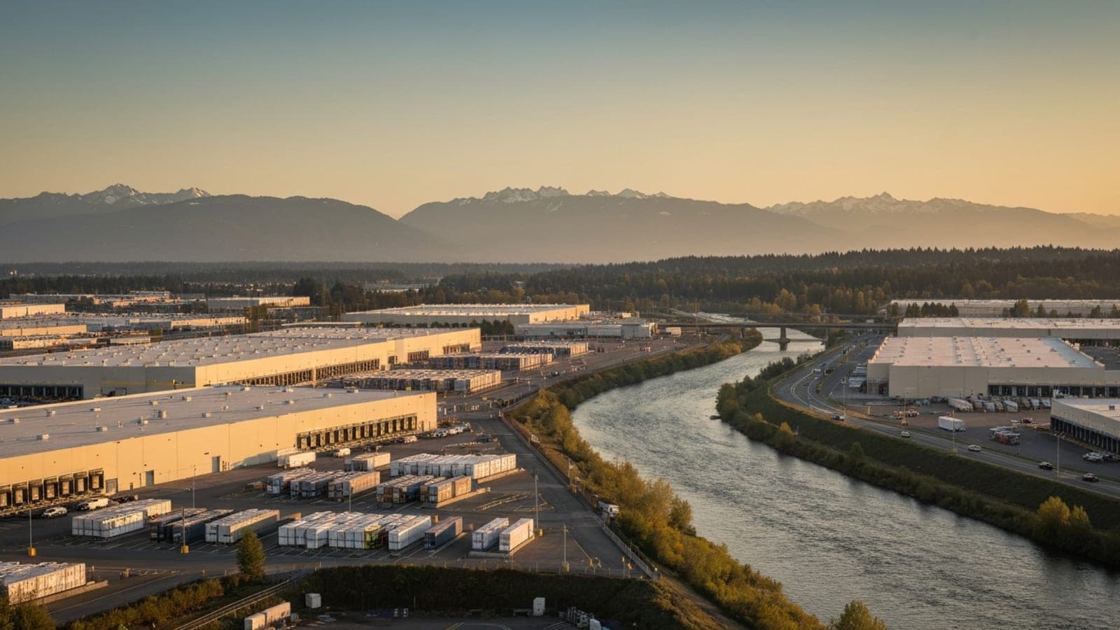 Editorial photograph of the Kent Valley industrial logistics corridor in Kent Washington at golden hour with large warehouse distribution centers and the Cascade Mountain foothills rising in the distance.