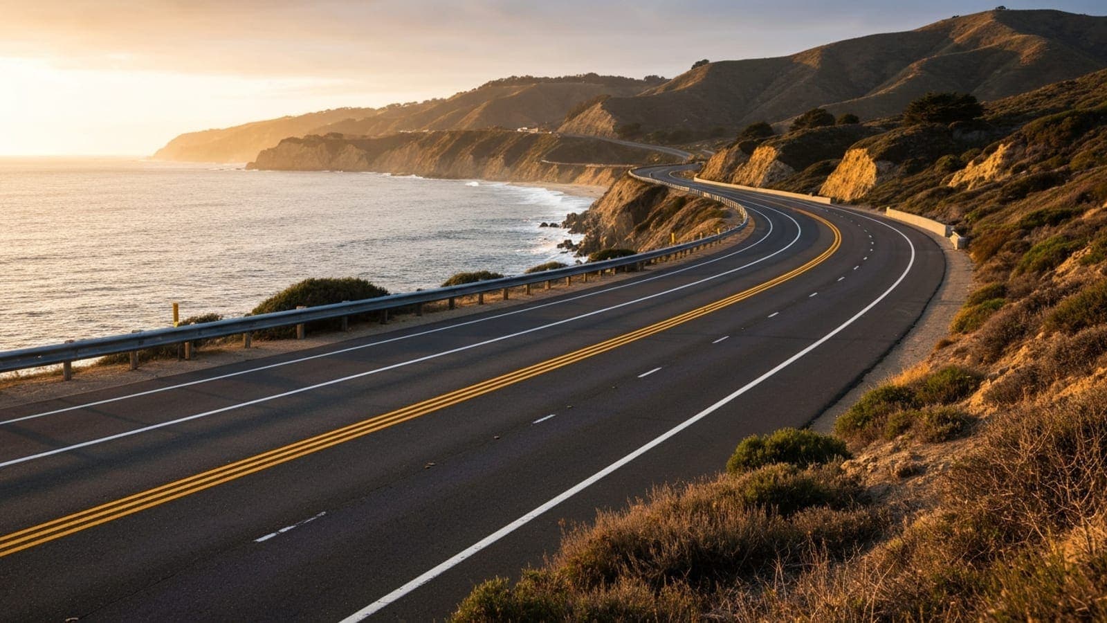 Editorial photograph of a stretch of California Pacific Coast Highway with the Pacific Ocean on one side and the California coastal hills on the other at golden hour.