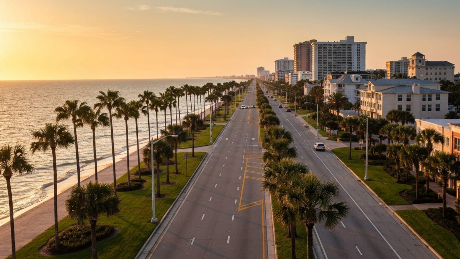 Editorial photograph of a sweeping Florida coastal scene at golden hour with palm trees lining a long boulevard and the Atlantic visible to one side, suggesting statewide Florida reach and scale.