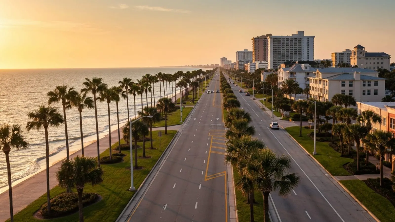 Editorial photograph of a sweeping Florida coastal scene at golden hour with palm trees lining a long boulevard and the Atlantic visible to one side, suggesting statewide Florida reach and scale.