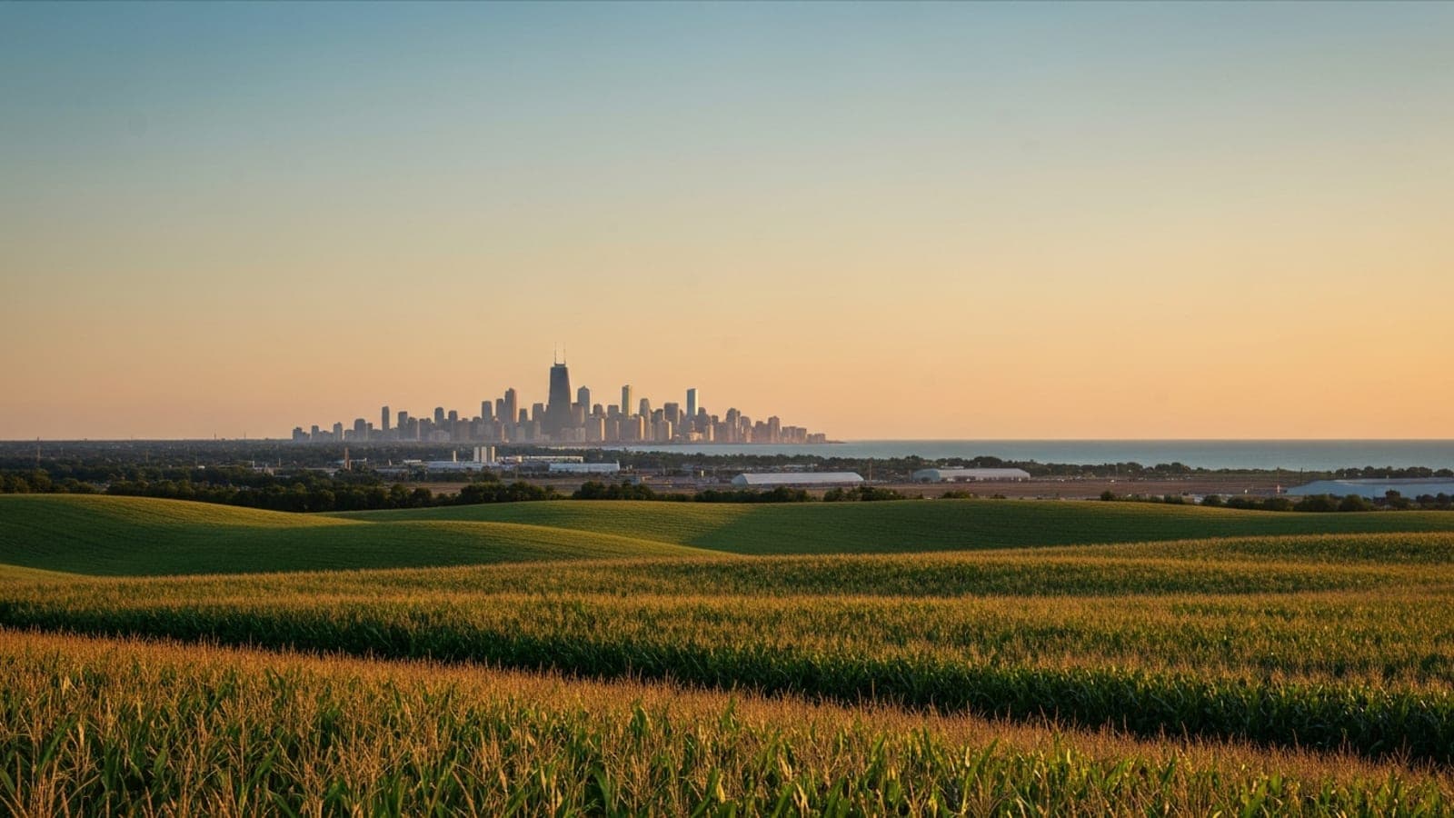 Editorial photograph of an Illinois prairie horizon at golden hour with the distant downtown Chicago skyline silhouetted on the eastern edge above Lake Michigan.