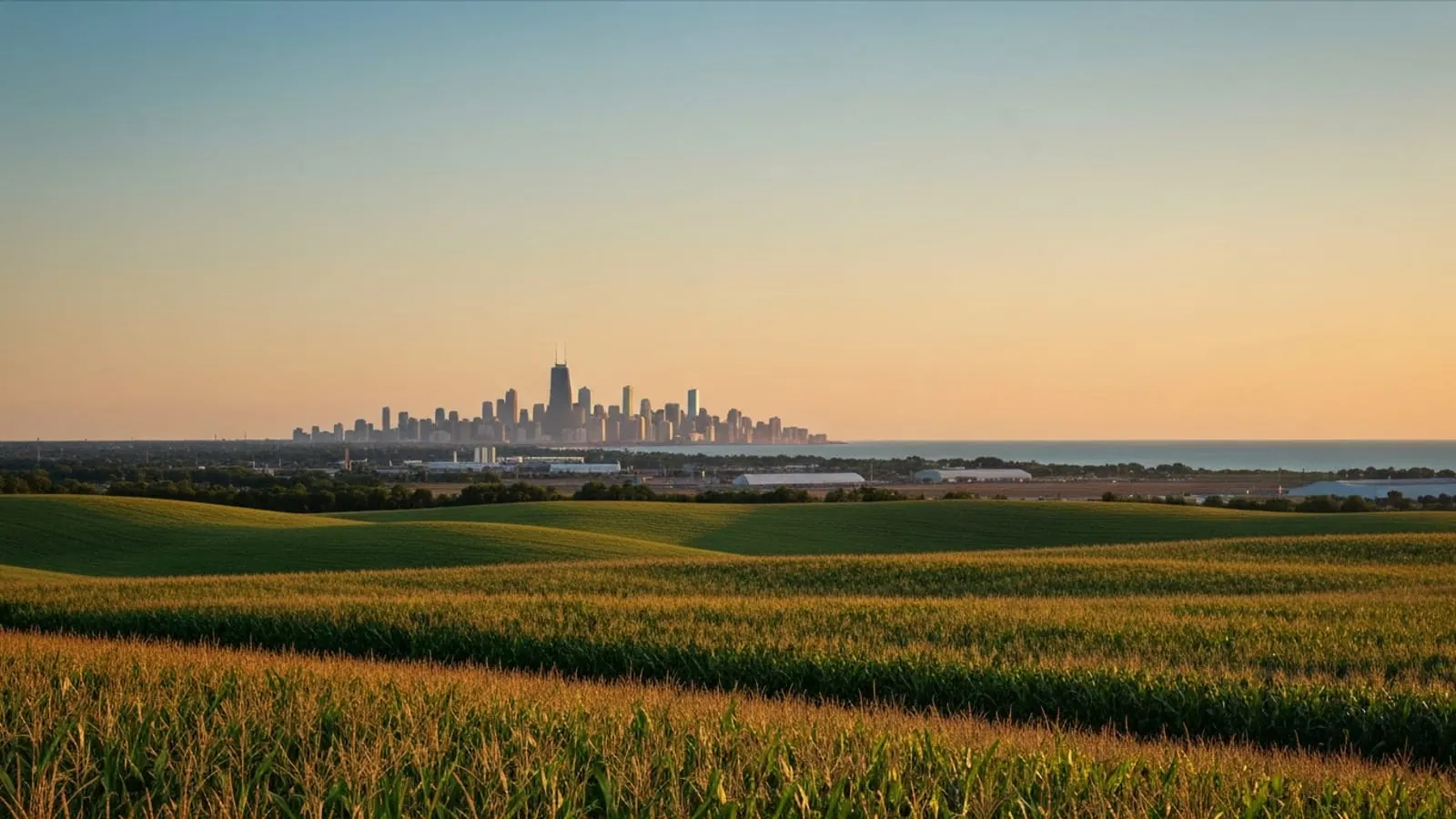 Editorial photograph of an Illinois prairie horizon at golden hour with the distant downtown Chicago skyline silhouetted on the eastern edge above Lake Michigan.