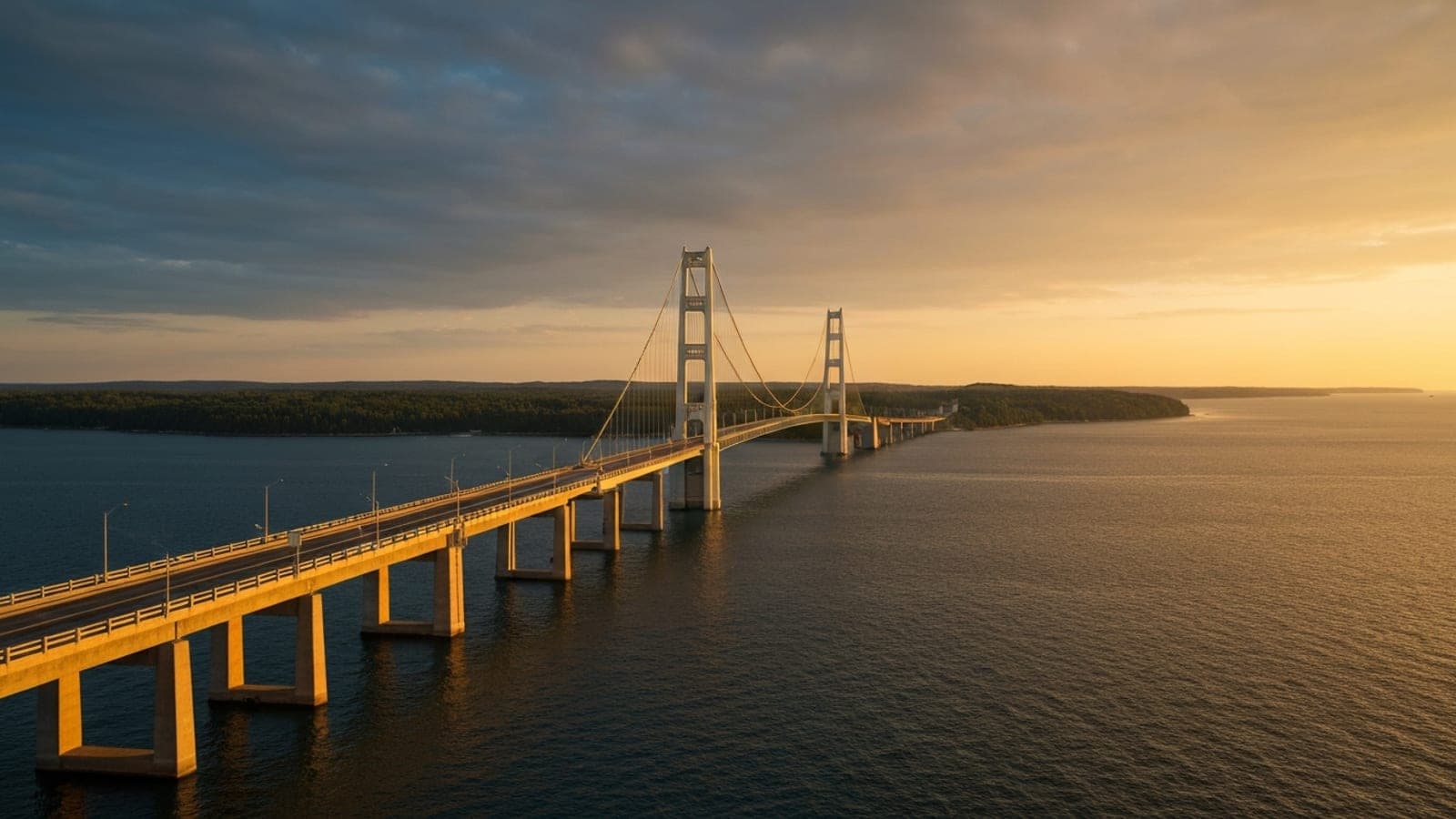 Editorial photograph of the Mackinac Bridge spanning the Straits of Mackinac at golden hour with Great Lakes water below and the forested Upper Peninsula shoreline visible in the distance.