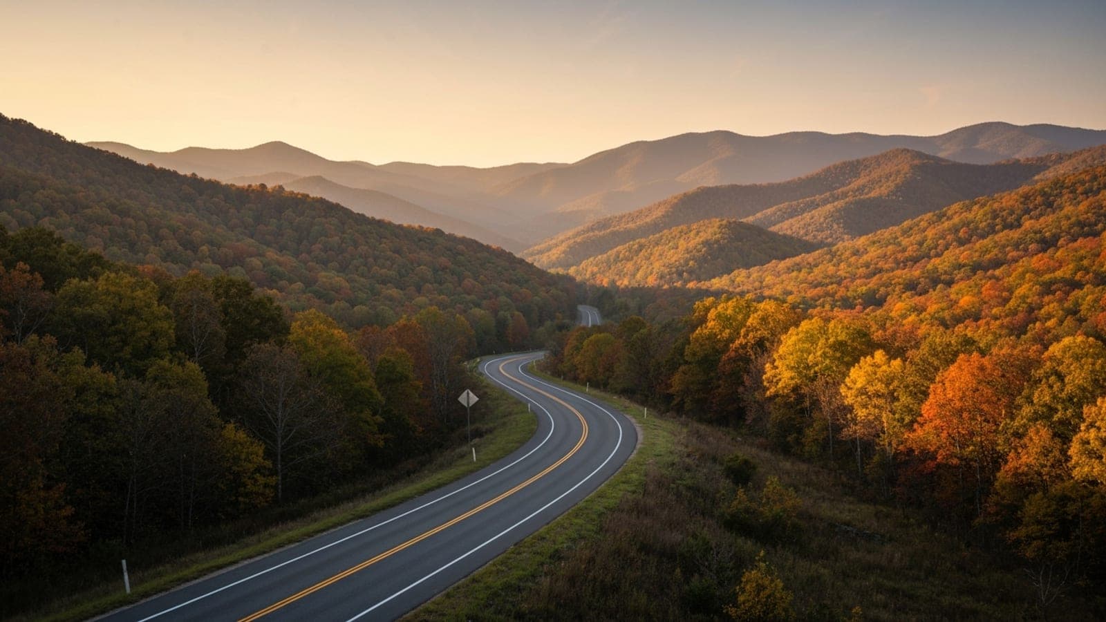 Editorial photograph of the Blue Ridge Mountains in western North Carolina at golden hour with autumn foliage on the ridges and a winding two-lane highway disappearing into the valley.