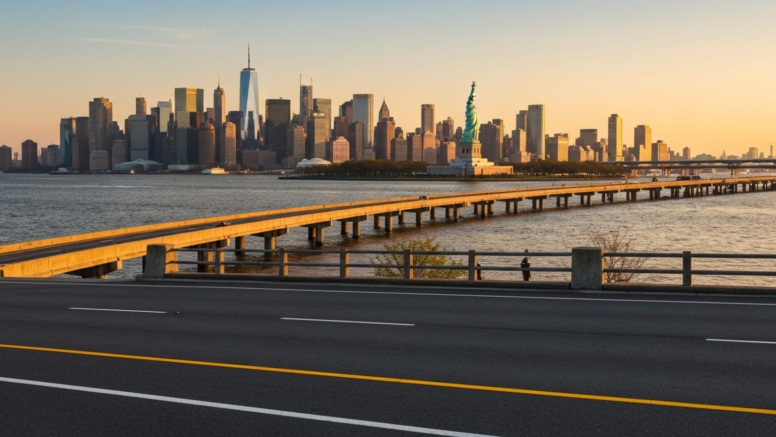 Editorial photograph of Liberty State Park in Jersey City at golden hour with the lower Manhattan skyline across the Hudson River in the distance, the Statue of Liberty visible mid-frame, and the NJ Turnpike corridor implied in the foreground.