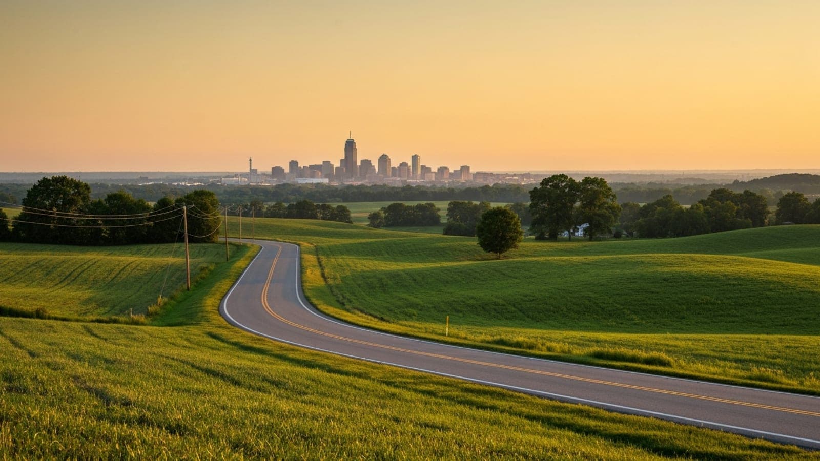Editorial photograph of an Ohio rural-to-urban transition at golden hour with rolling Midwest farmland in the foreground and a distant city skyline, evoking the Buckeye State's mix of agricultural, industrial, and metropolitan geography.