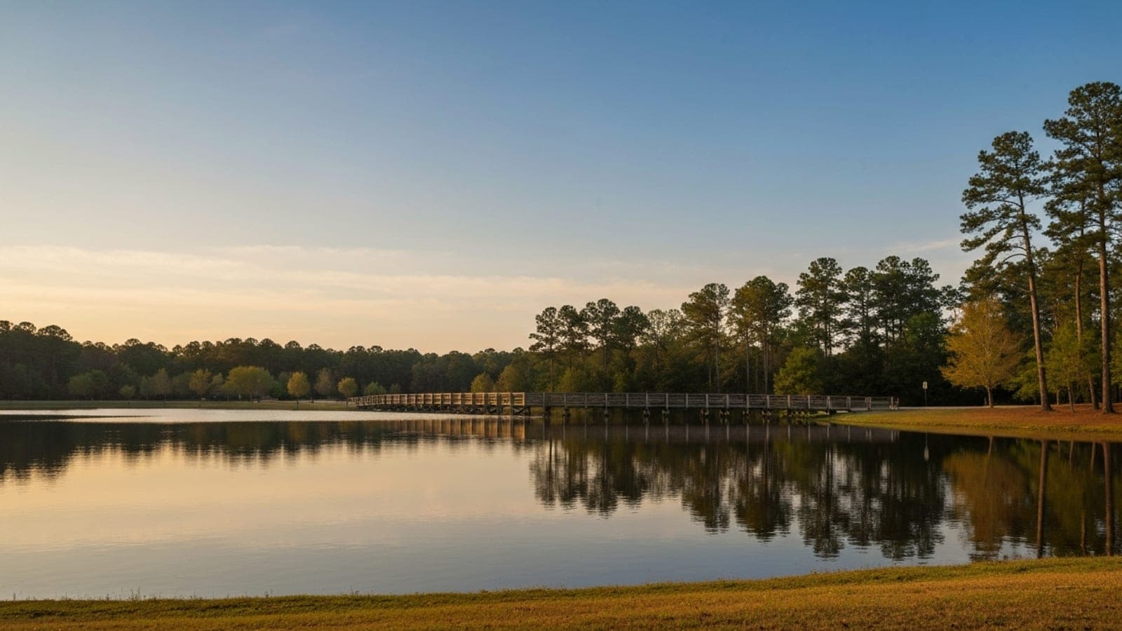 Editorial photograph of Fred G. Bond Metro Park in Cary North Carolina at golden hour with the lake reflecting the late afternoon sky and surrounding pine forest.