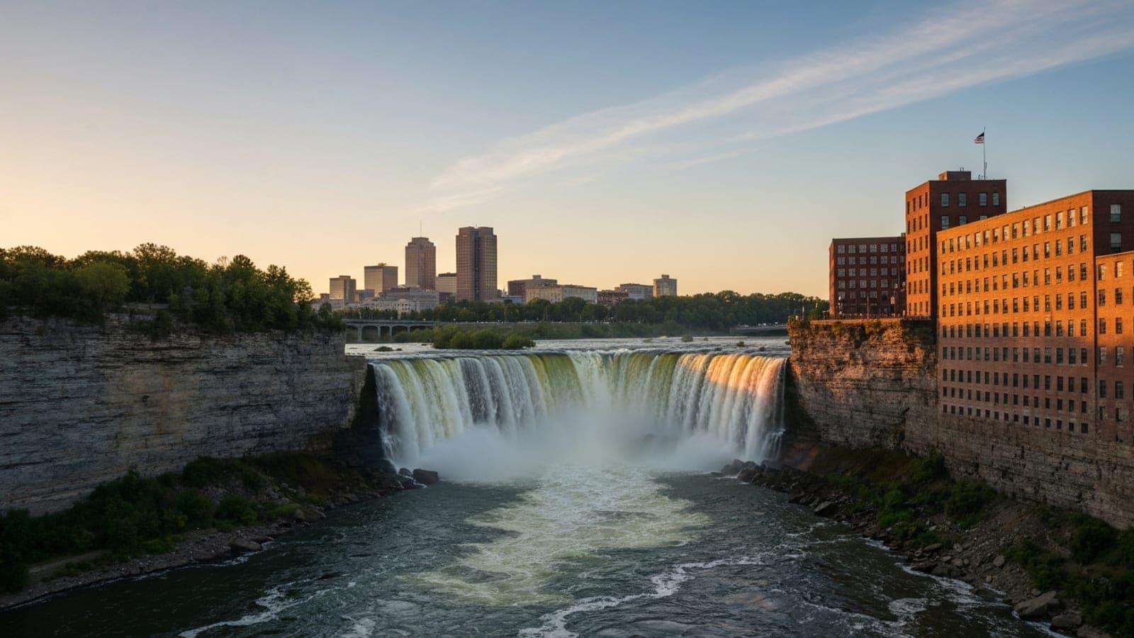 Editorial photograph of the Genesee River High Falls in downtown Rochester at golden hour with the downtown skyline visible behind.