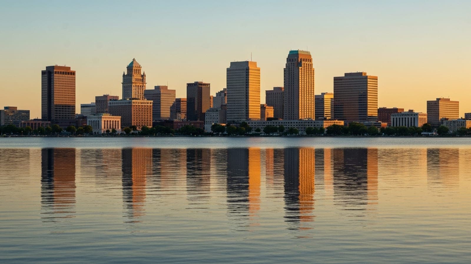 Editorial photograph of the downtown Syracuse skyline at golden hour viewed from the Onondaga Lake shoreline.