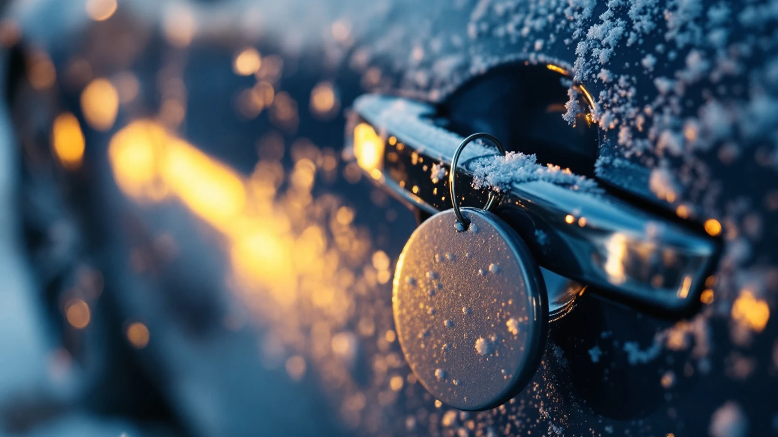 A car key fob held in a gloved hand beside a frosted door handle on a winter morning