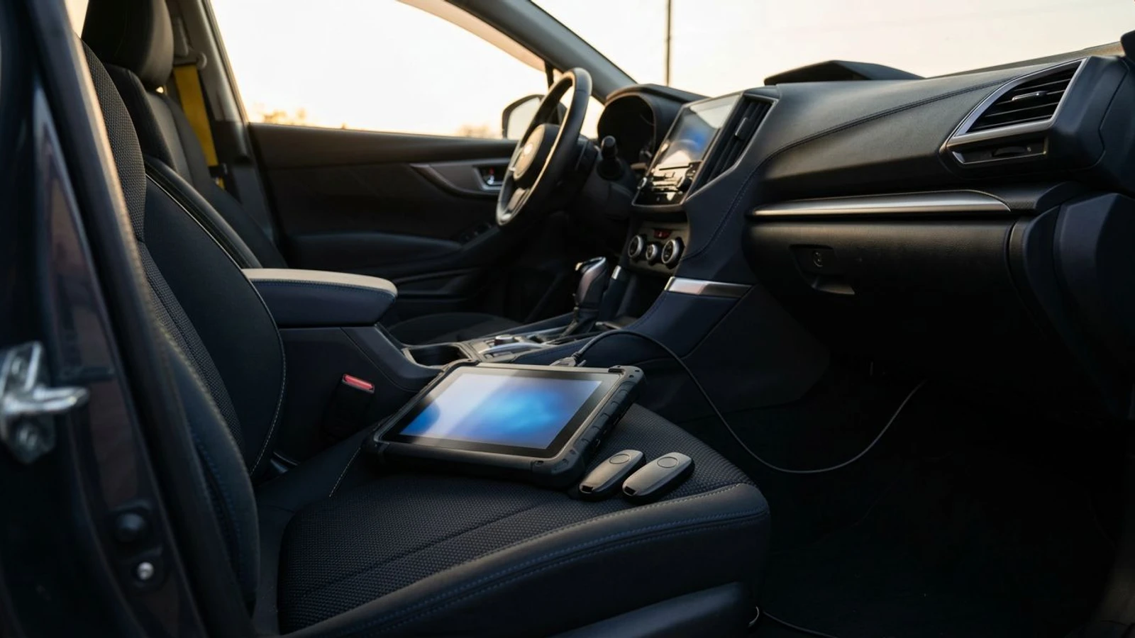 A diagnostic programming tablet connected by cable under a car dashboard with two blank key fobs resting on the driver seat