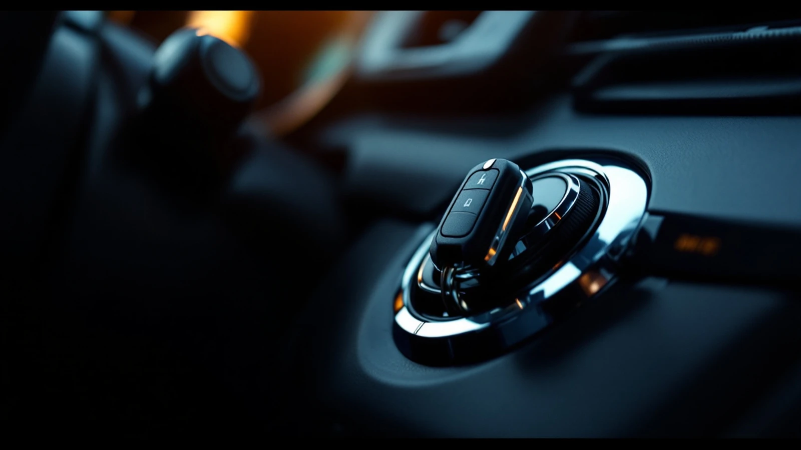 A car key seated part-way in a chrome-ringed ignition slot on a darkened steering column