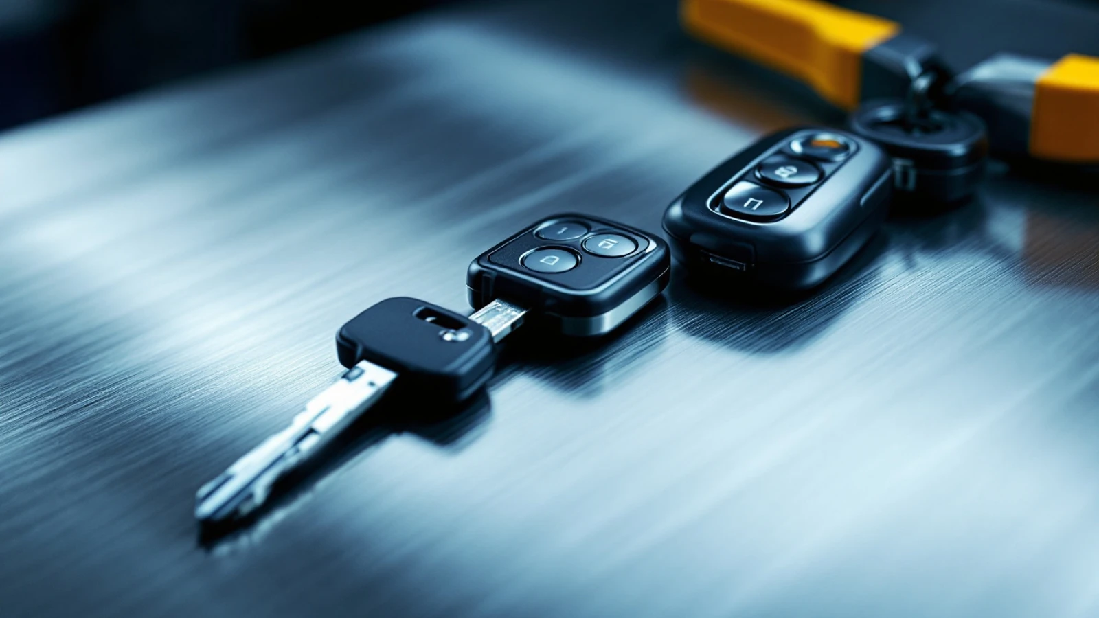 Four generations of truck keys staggered across a brushed steel workbench, from a bare blade to a proximity fob