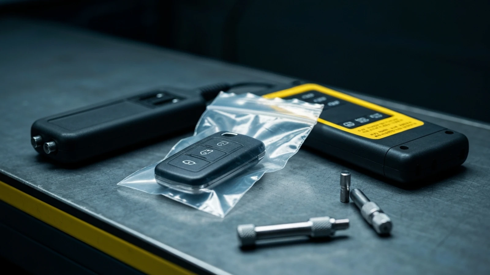 An unopened aftermarket key fob in a plain plastic bag beside a diagnostic programmer on a workbench