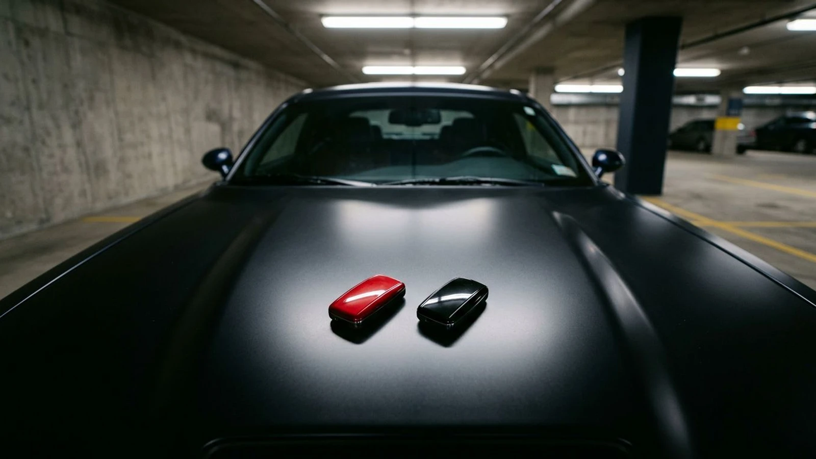 A red key fob and a black key fob side by side on the hood of a dark muscle car in a parking garage