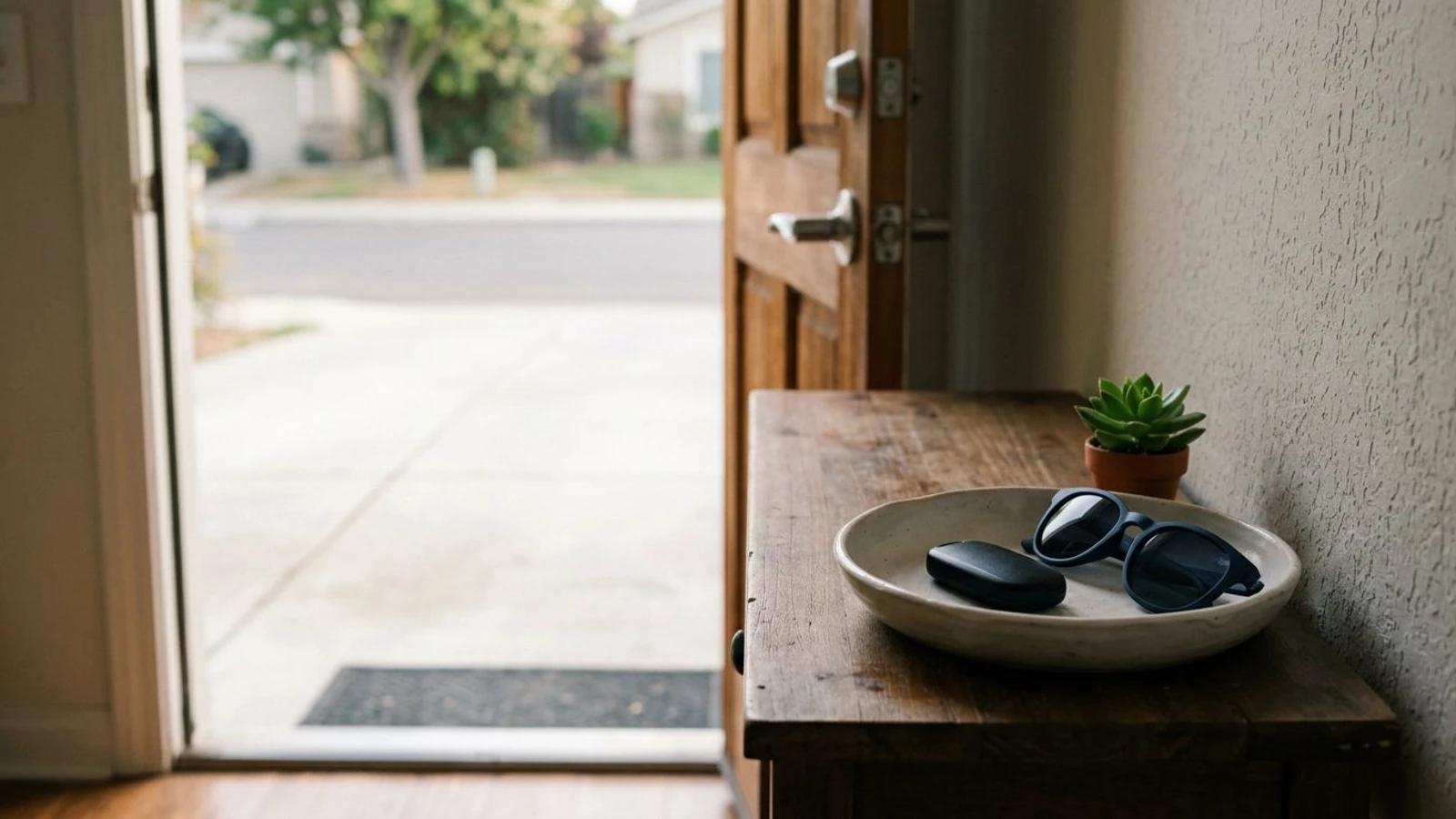 A car key fob left behind in a bowl on an entryway table, with the front door open onto an empty driveway