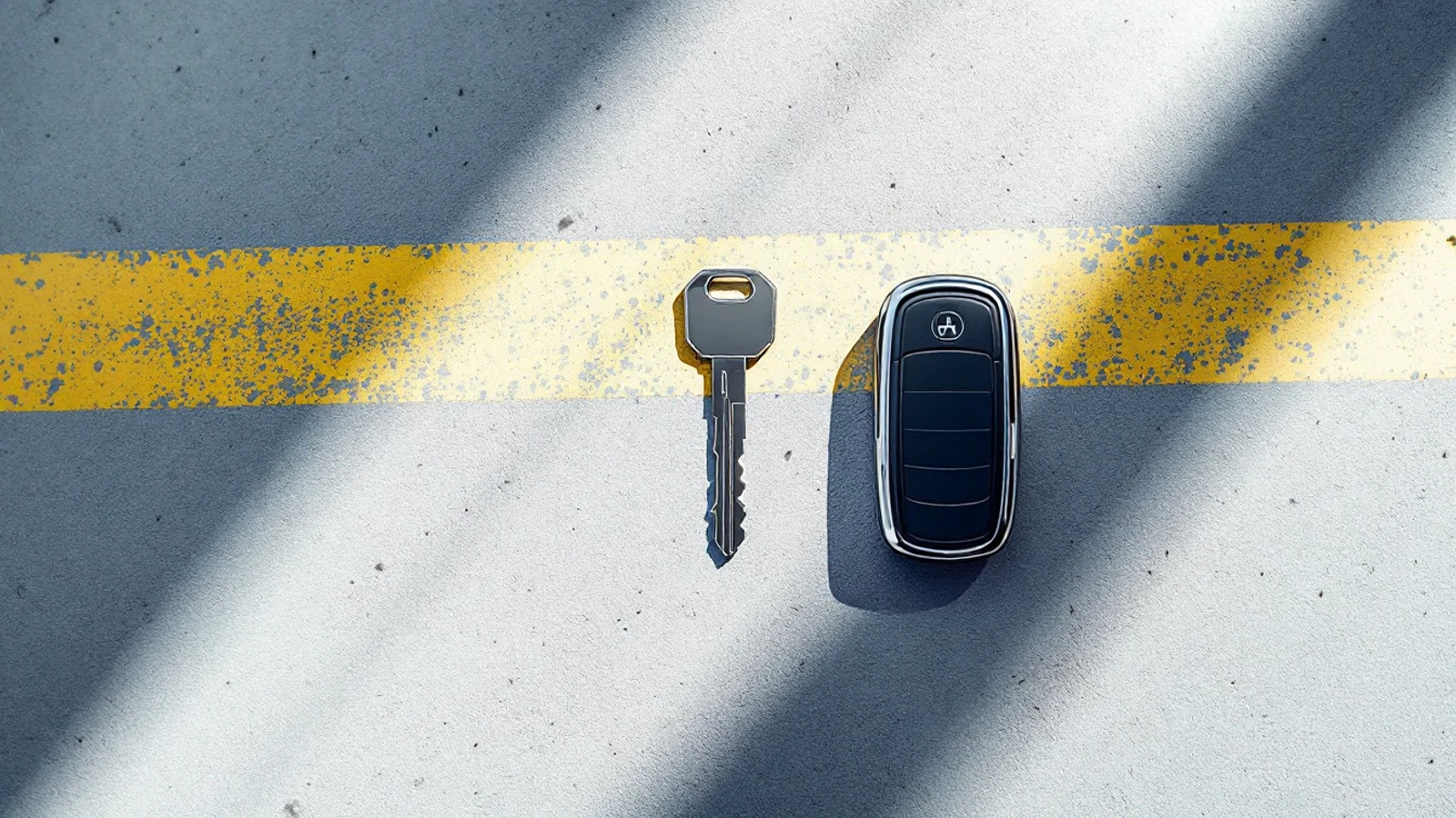 A Hyundai smart key fob and a plain bladed key side by side on a dark workshop surface