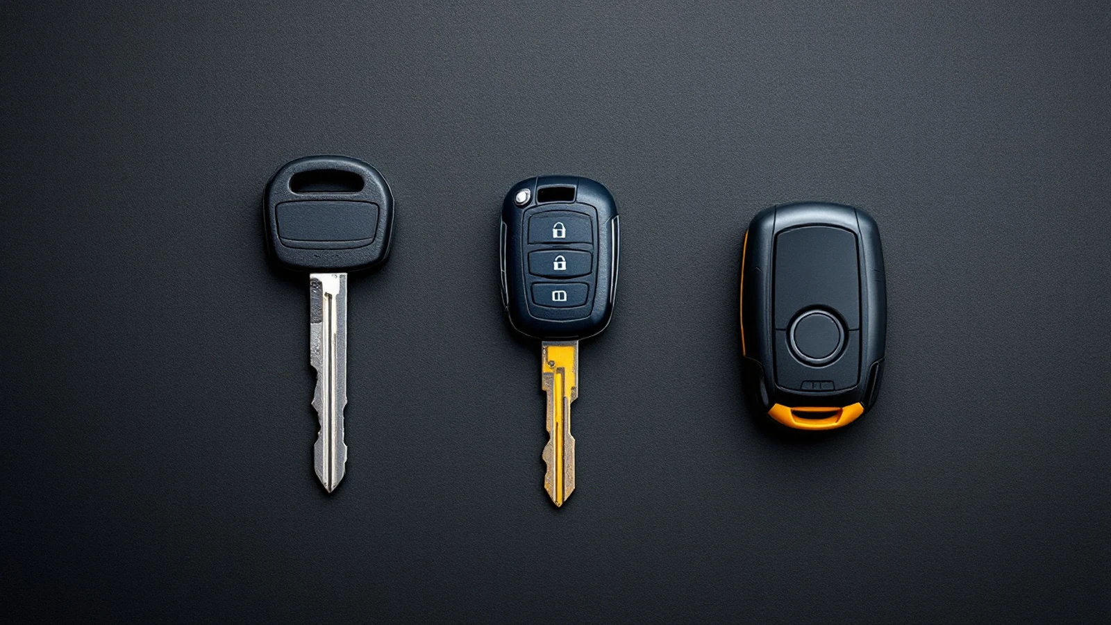 Three generations of Hyundai and Kia keys arranged in a row on a workshop bench