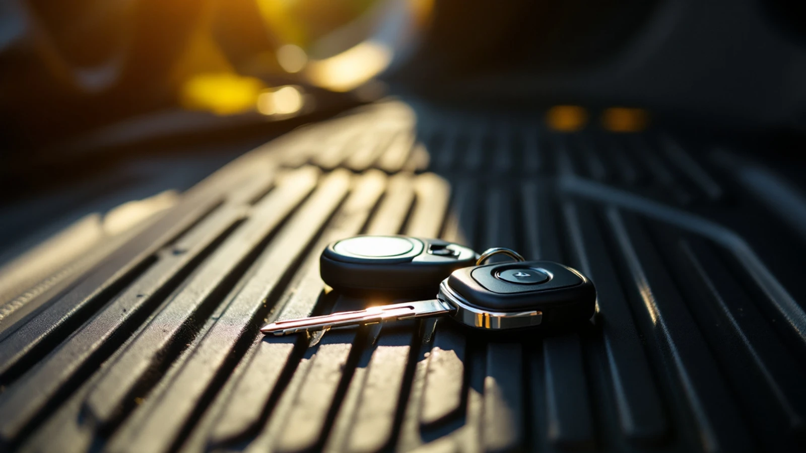A Jeep proximity fob and a bladed transponder key resting on a workshop bench beside a diagnostic cable