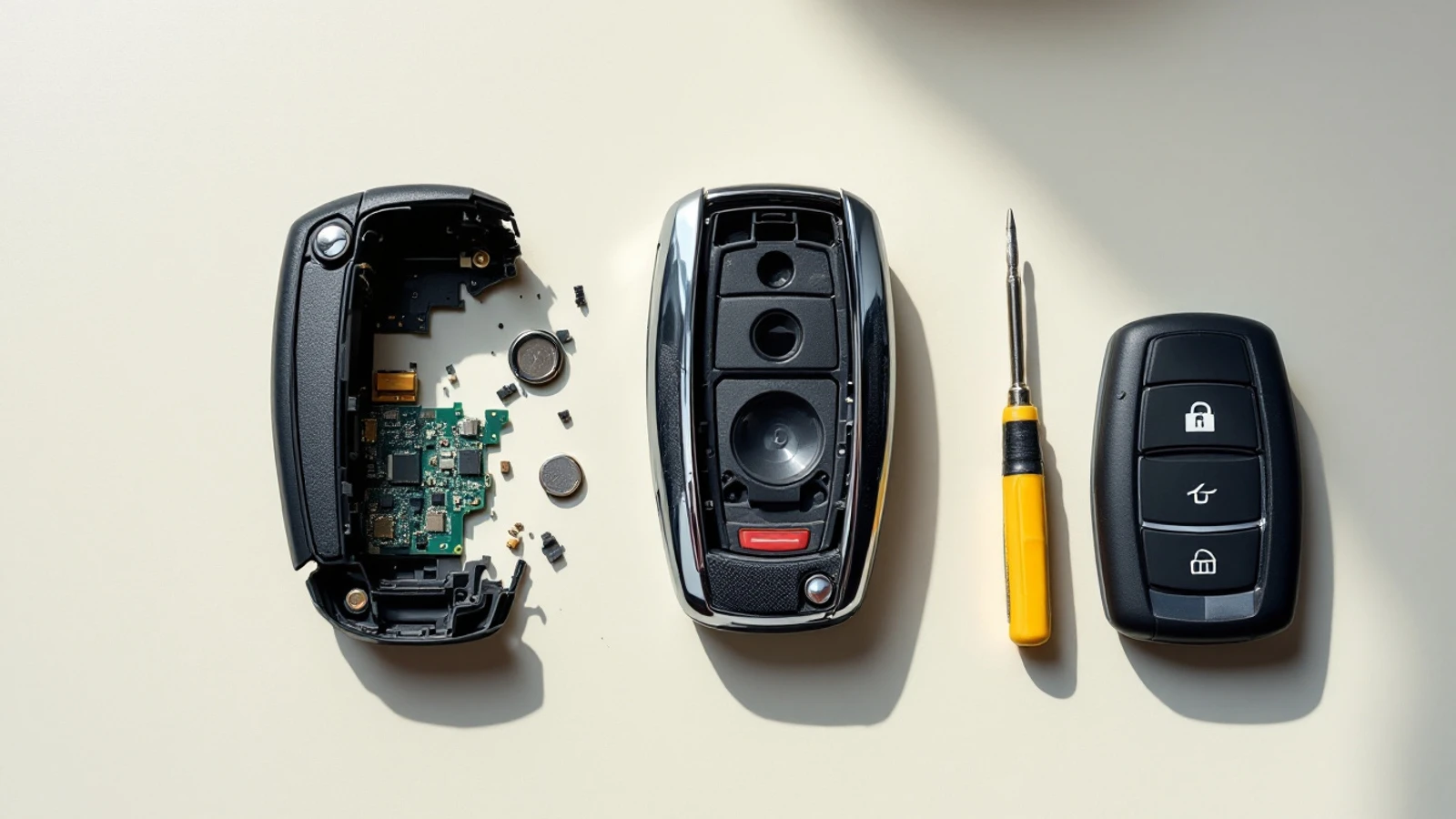A cracked car key fob opened on a workbench beside an empty replacement shell, a circuit board and a coin cell