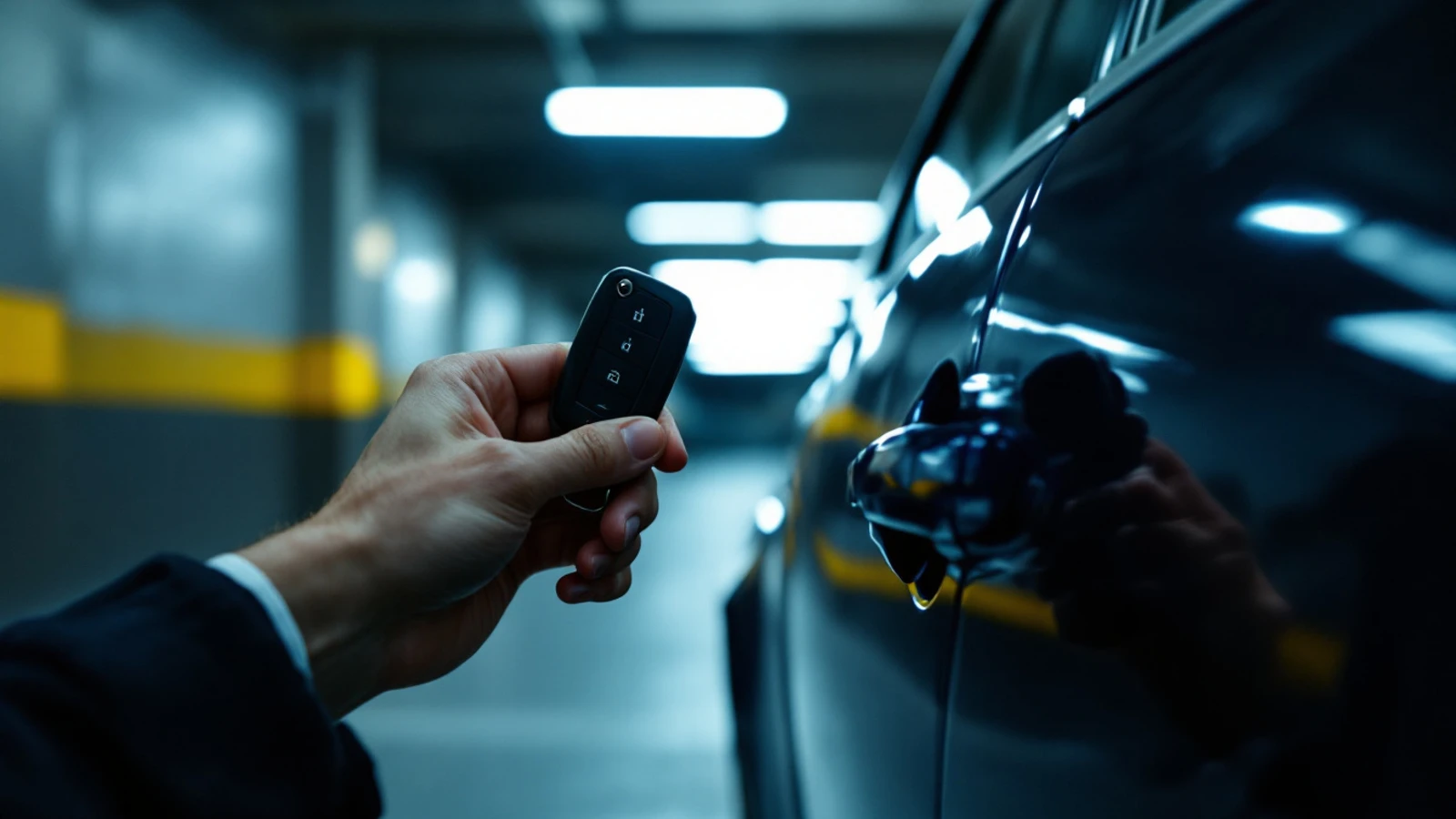 A hand holding a car key fob close to a door handle in a dim parking garage