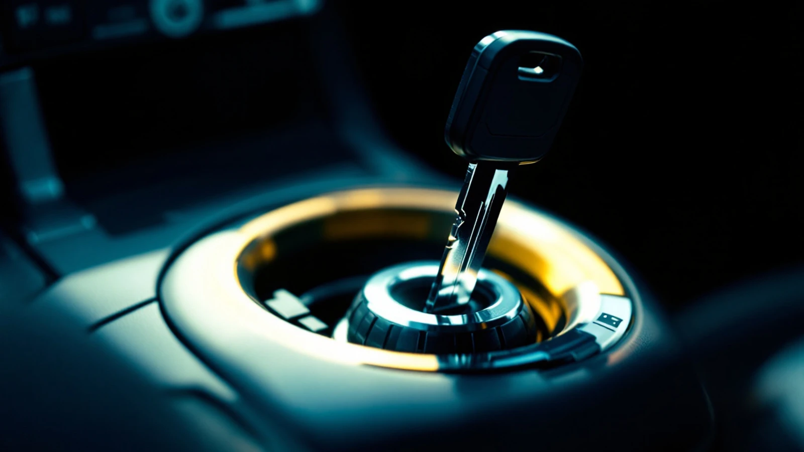 A plain bladed key left in an ignition cylinder on a dark steering column
