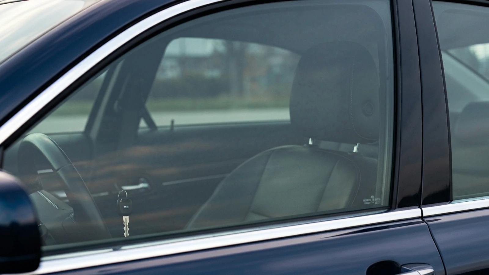 A car key resting on a driver's seat seen through a closed window, with reflections on the glass