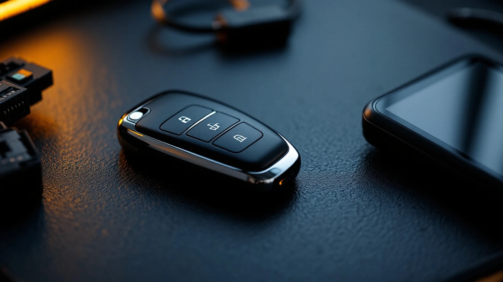 A chrome Mercedes-Benz smart key resting on a workbench beside an electronic ignition switch module and a key programmer