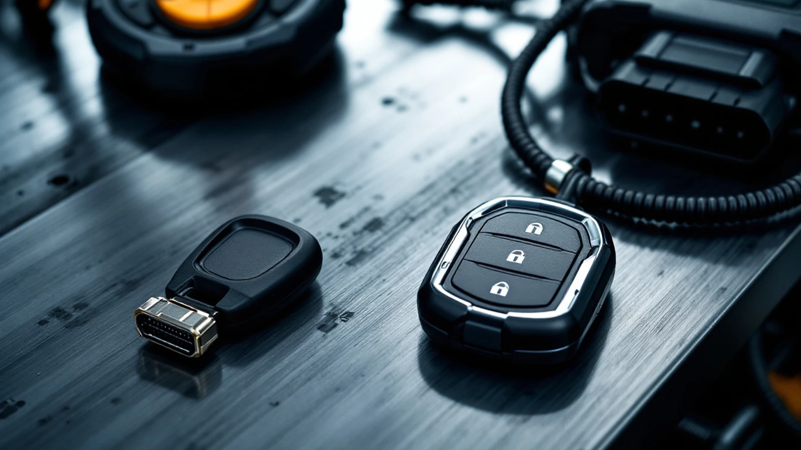A Nissan Intelligent Key fob and a cut transponder key on a workbench beside a diagnostic programmer