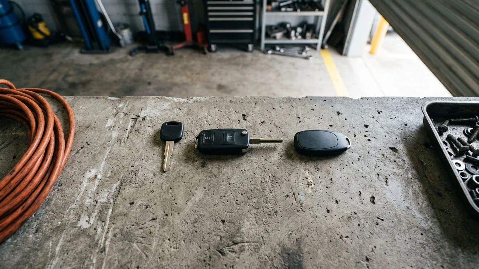 Three generations of car key in a row on a concrete workshop bench, from a bladed key with a plastic head to an oval proximity fob