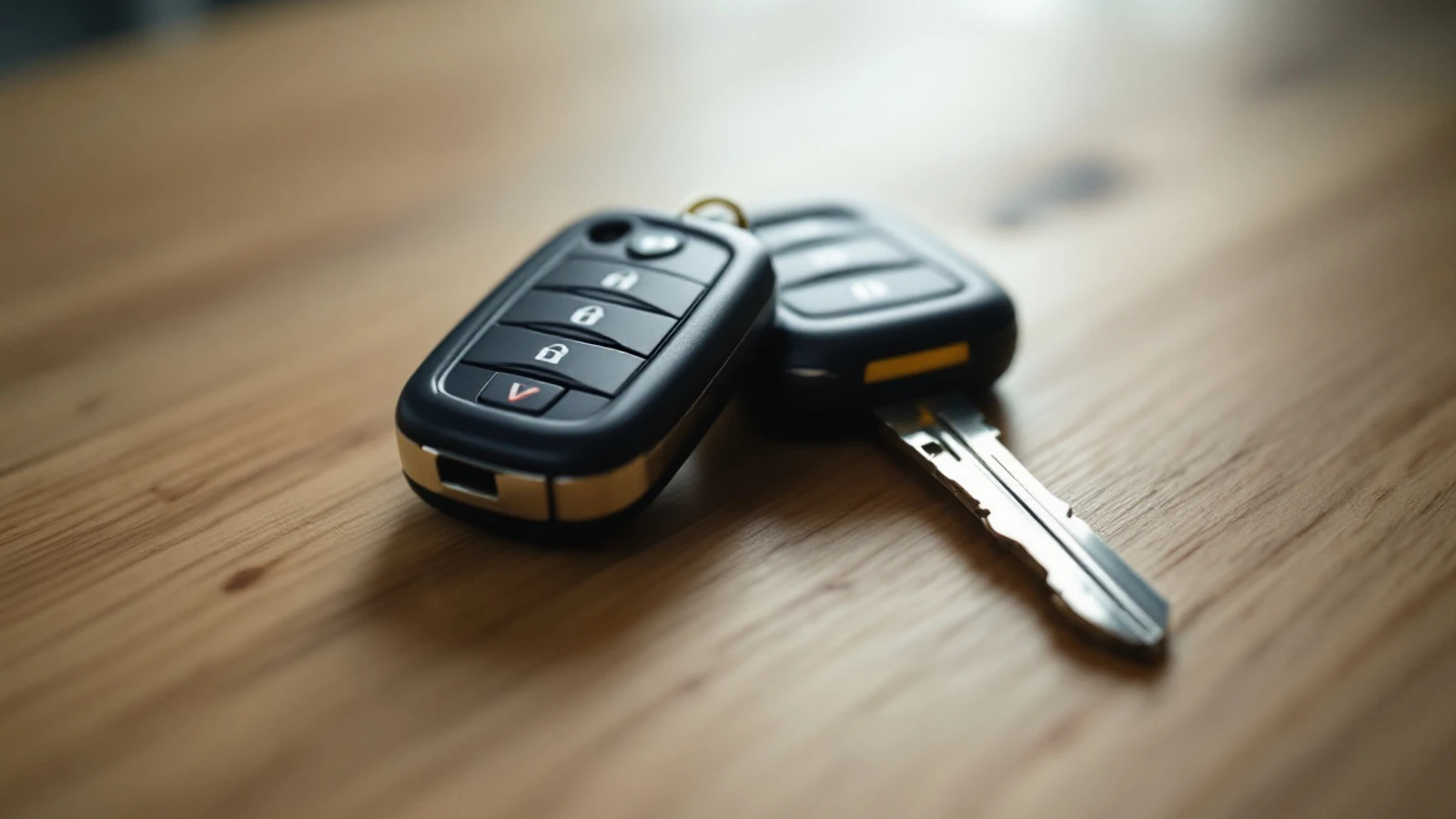 Two similar car keys lying apart on a workshop bench, one visibly worn along the blade