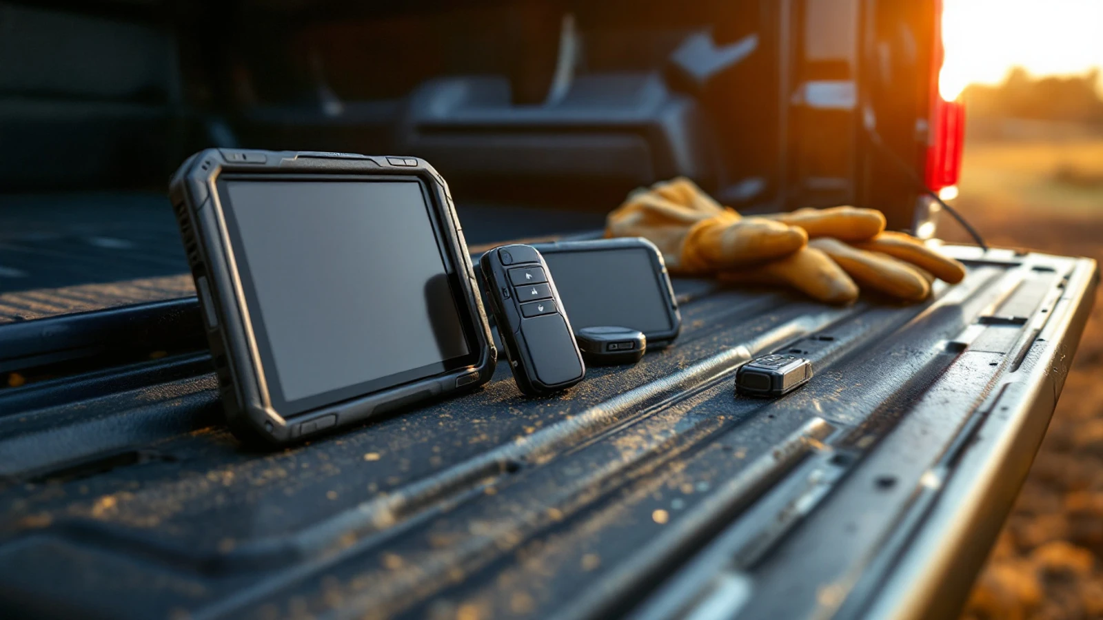A pickup truck proximity key and a fob-style ignition key laid on a tailgate beside a diagnostic tablet
