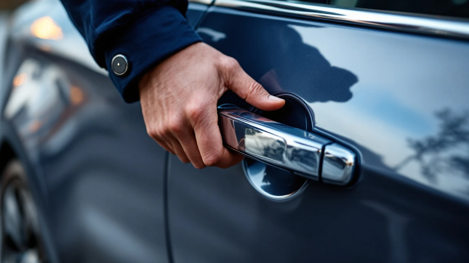 A hand gripping a car door handle while a proximity key fob sits in an open jacket pocket