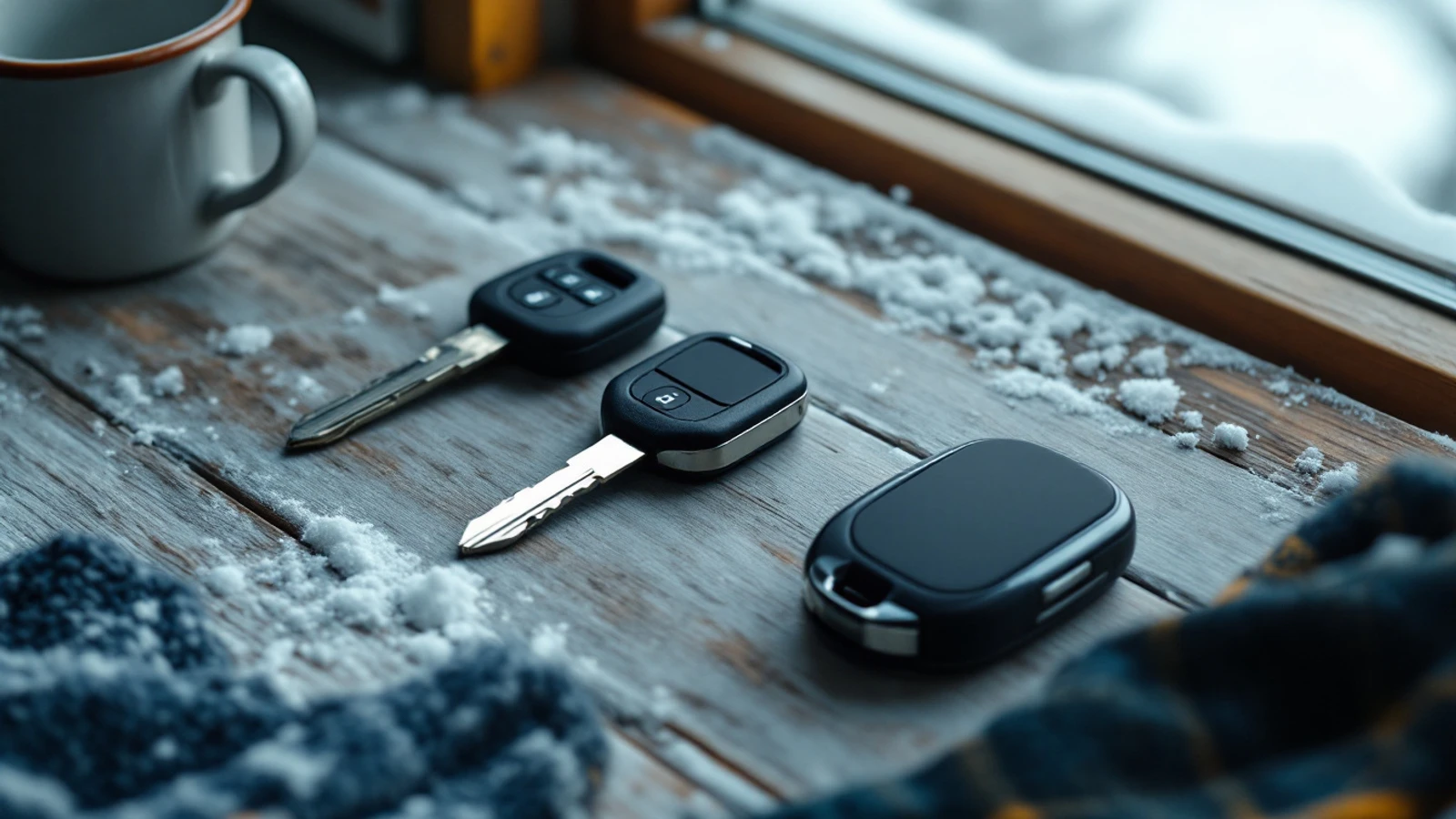 Three generations of Subaru car key laid in a row on a wooden table, from a bladed transponder key to a proximity smart key